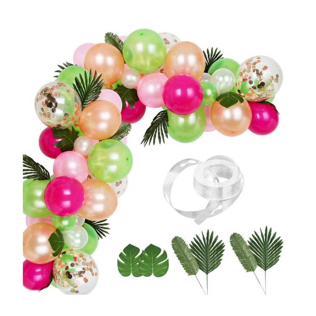 83pcs Tropical Balloons Arch Garland Kit Pink Sage Green Confetti Balloons Tropical Palm Leaves for Aloha Hawaii Jungle Summer Beach Moana Theme Birthday Baby Shower Party Supplies